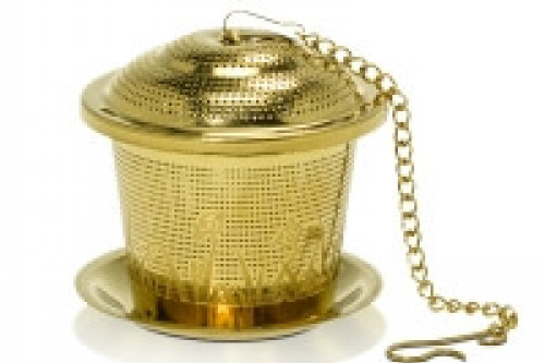 Gold Coloured Basket Tea Infuser with tray from the Steenbergs UK online shop for loose leaf tea and tea infusers.