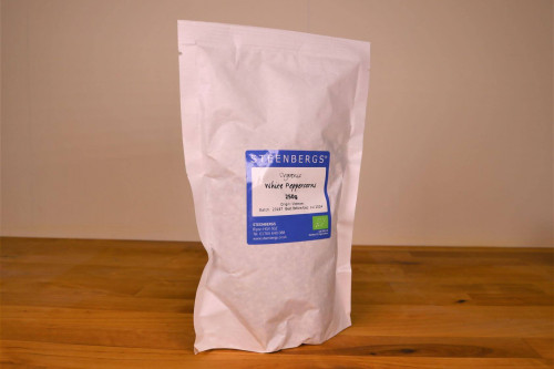 Steenbergs Organic White Peppercorns, 250g, bulk bag, catering pack, from the Steenbergs UK online shop for organic herbs and spices.