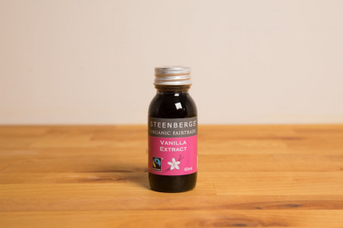 Steenbergs Organic Fairtrade Vanilla Extract, 60ml, from the Steenbergs UK online shop for organic Fairtrade baking ingredients and organic baking extracts.