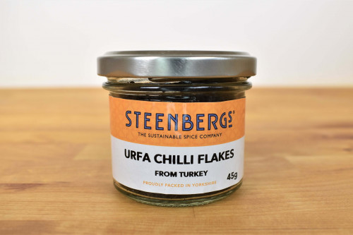 Steenbergs Urfa Chilli Flakes in Glass Jar, from the Steenbergs UK online shop for chillies and spices.