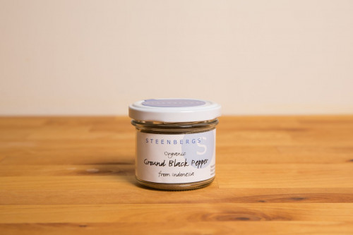 Steenbergs Organic Ground Black Pepper in glass jar from the UK Steenbergs online shop for organic pepper, spices and dried herbs.