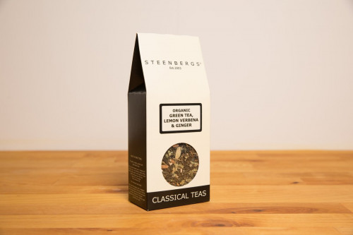 Steenbergs Organic Green Tea With Lemon Verbena and Ginger, Loose Leaf, from the Steenbergs UK online shop for organic loose leaf green teas and tea infusers.