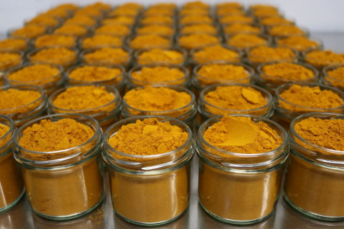 Steenbergs Organic Fairtrade Turmeric being packed in the Steenbergs spice factory in North Yorkshire, UK .