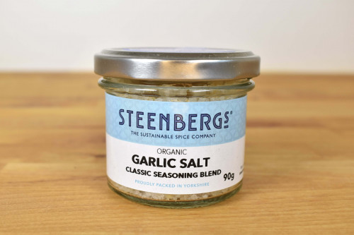 Steenbergs Organic Garlic Salt in Glass jar from the Steenbergs UK online shop for organic herbs and spices, blended and packed in North Yorkshire.