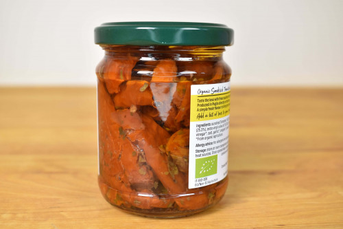 Organico Organic Sun-dried tomatoes in a herby marinade from the Steenbergs UK online shop for organic antipasta and organic food.