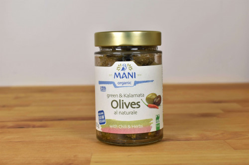 Greek mixed green and black organic olives with herbs and chilli from Steenbergs UK online shop.