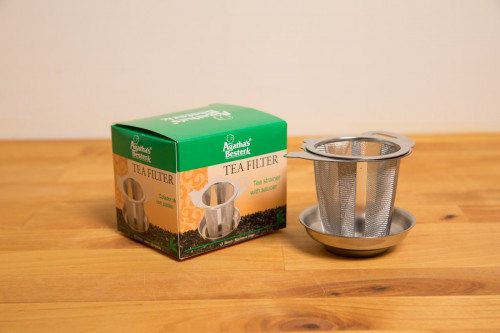 Agatha Bester Stainless Steel Infuser with tray, teapot design, from the Steenbergs UK online shop for loose leaf tea and infusers.