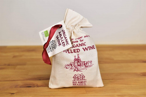 Old Hamlet Organic Mulled Wine Sugar and Spice Sachets in printed calico - gift bag, created, blended and packed in North Yorkshire UK.