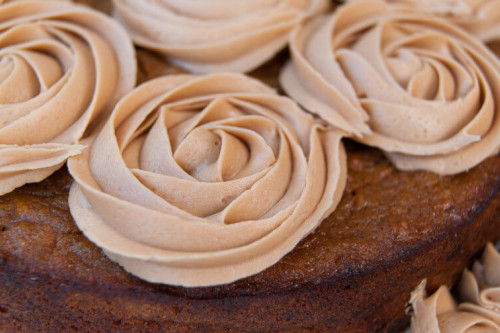 Pumpkin and apricot cake with rum and coffee icing