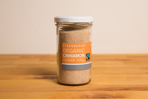 Steenbergs Organic Fairtrade Cinnamon Sugar Large Glass Jar from the Steenbergs UK online shop for baking ingredients and organic and Fairtrade food and ingredients.