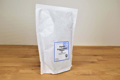 Steenbergs Organic ground black pepper 500g in resealable bags, or packed into paper when requested, from the Steenbergs UK online shop for organic herbs and spices.