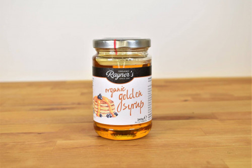 Rayners Organic Golden syrup glass jar from the Steenbergs UK online shop for organic sugars, syrups and baking ingredients.