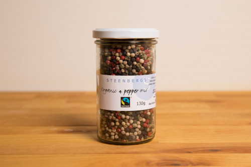 Steenbergs Organic Fairtrade 4 colour Peppercorn Mix in Glass Jar  from the UK Steenbergs Online shop for organic and Fairtrade spices.