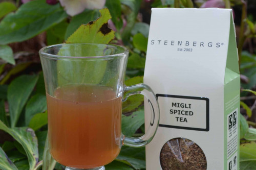 Organic Migli Tea brewed for a caffeine free spicy drink from the Steenbergs UK online shop for organic infusions.
