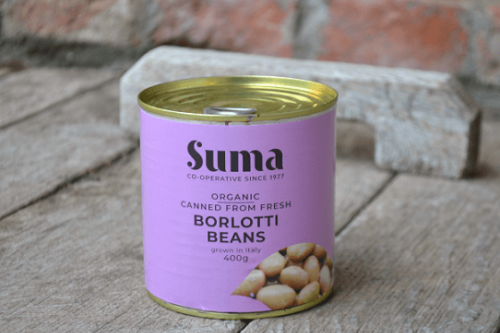 Suma Organic Borlotti Bean, canned from fresh, available from the Steenbergs UK online shop for organic beans, food and  spices.
