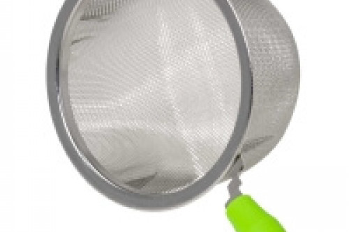 Stainless Steel Tea Infuser  or Strainer with Green Silicone Handle from the  Steenbergs UK online shop for loose leaf teas, herbal infusions and tea infusers.