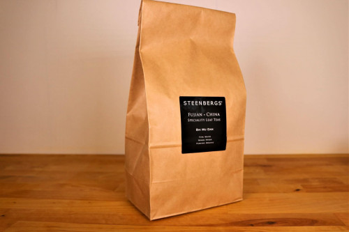 Steenbergs loose leaf organic white tea in a paper compostable or recyclable bag