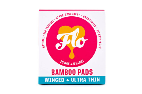 Here We Flo biodegradable Bamboo Pads are winged and ultra thin, plastic free and biodegradable from the Steenbergs UK online organic and eco shop.