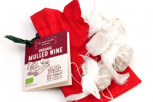 Old Hamlet Organic Mulled Wine spice bundles in a Red Bag, blended and created in the UK and available from the Steenbergs UK online shop for mulling spices.