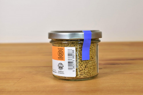 Steenbergs Organic Fenugreek Seed in Glass Jar, part of the UK Steenbergs range of organic herbs and spices, buy in shops or online.