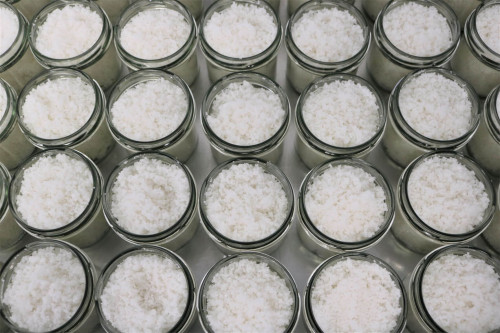 Steenbergs Fleur de sel being packed in the Steenbergs spice factory in North Yorkshire, UK.