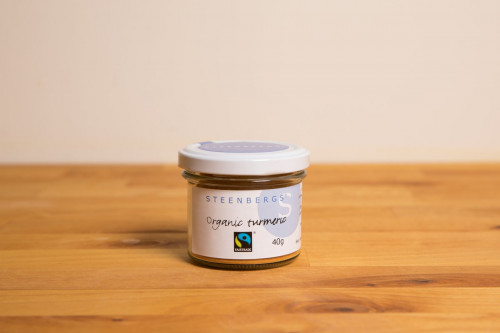 Steenbergs Organic Fairtrade Turmeric Powder, Glass Jar, from the Steenbergs UK online shop for organic and Fairtrade Spices.