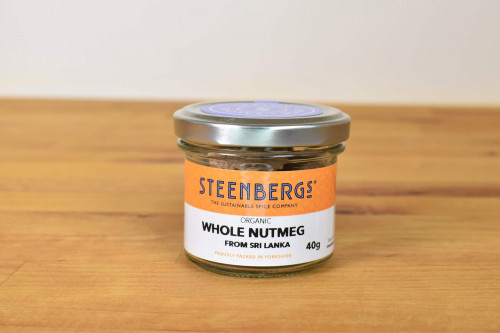 Steenbergs Organic Nutmegs Whole in Glass Jar from the Steenbergs UK online shop for organic spices and herbs.