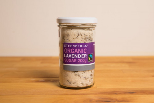 Steenbergs Organic Fairtrade Lavender Sugar Large Glass Jar from the Steenbergs UK online shop for organic, Fairtrade and ethical baking ingredients.