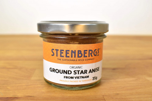 Steenbergs Organic Ground Star Anise in glass jar from the Steenbergs UK online shop for organic herbs and spices and asian spices.