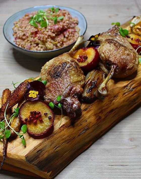 Lebkuchen roast Duck, with pink peppercorn and honey plums, cumin roasted roots, stone fruit and cabbage braised pearl barley recipe