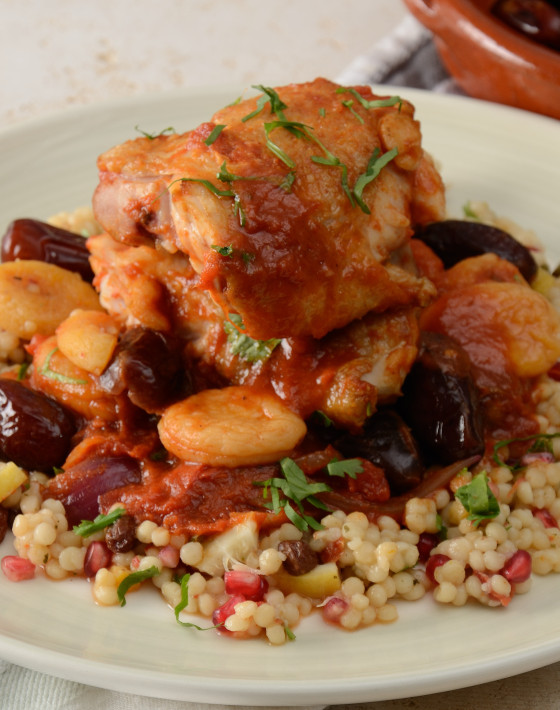 Chicken Tagine with dates and apricots served with couscous Recipe