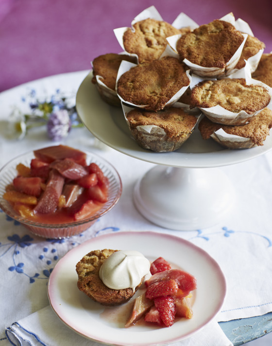 Rhubarb and orange polenta (cornmeal) cupcakes with strawberry orange blossom compote