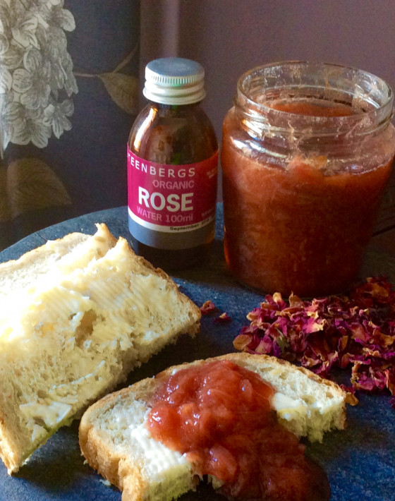 Yorkshire Rhubarb, Pear and Rosewater conserve with rose petals Recipe