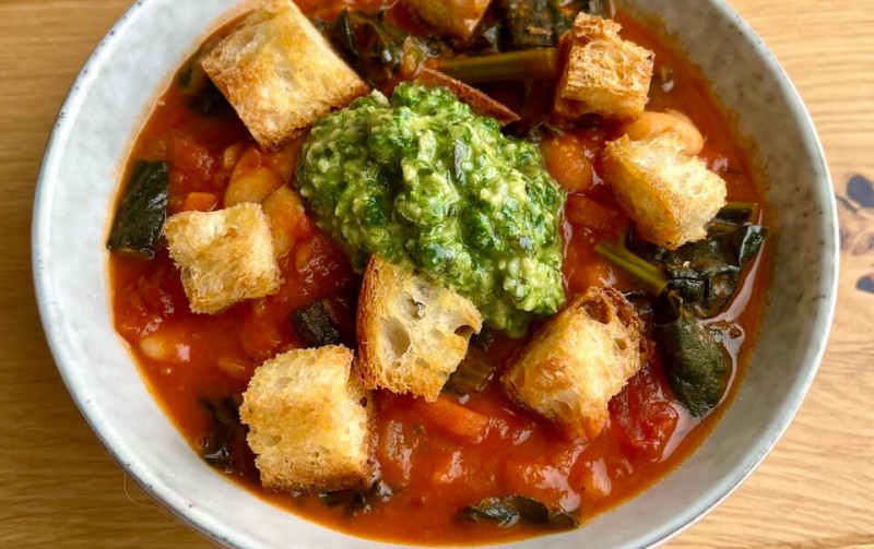 Smoky cannellini bean stew with pumpkin seed pesto and garlic croutons recipe