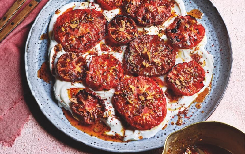 Roasted Tomatoes with Labneh & Sumac Spice Oil recipe (Sabrina Ghayour)