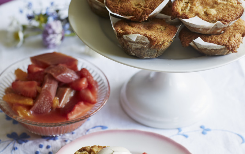 Rhubarb and orange polenta (cornmeal) cupcakes Recipe with strawberry orange blossom compote