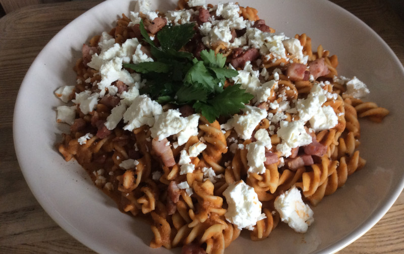 Roasted pepper and chilli pasta Recipe with smoked pancetta